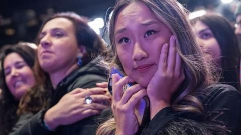 Supporters of Democratic Senate candidate for Pennsylvania John Fetterman listen to him speak after he defeated Republican candidate Mehmet Oz in Pittsburgh, Pennsylvania, USA, 09 November 2022.