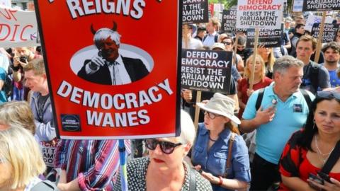 Demonstrators protest against the move to suspend parliament in the final weeks before Brexit outside Downing Street on August 31st 2019