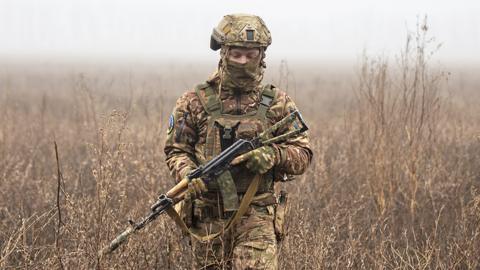 A Ukrainian soldier is seen on the frontline, in Donetsk Oblast, Ukraine on January 29, 2023