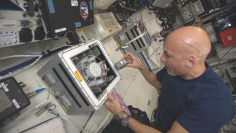 The Italian astronaut Luca Parmitano runs the BioRock experiment on the ISS