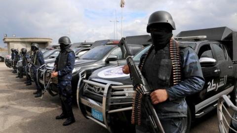 Central security support force carry weapons during the security deployment in the Tajura neighborhood, east of Tripoli, Libya January 14, 2020.