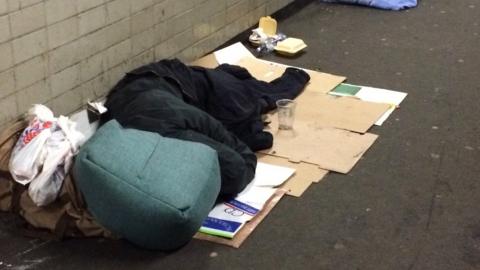 Homeless person's sleeping bag/bedding area