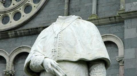 Decapitated statue of Archbishop Patrick Leahy.