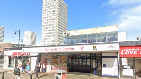 Street view of entrance to Sunderland station