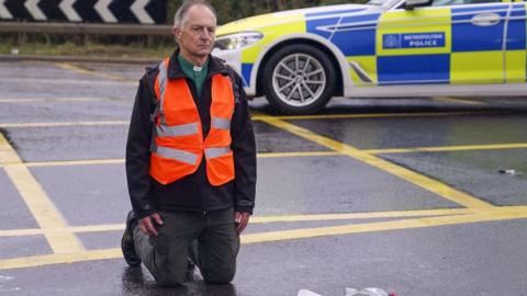 Insulate Britain protester on road near Heathrow Airport on 27 September 2021