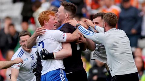 Monaghan players celebrate beating Armagh