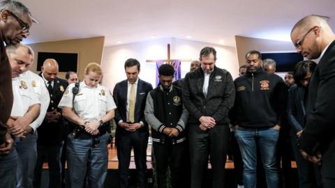 Baltimore mayor and elected official pray during a vigil at Mount Olive Baptist church for a prayer service to honour the victims of the Francis Scott Key Bridge collapse