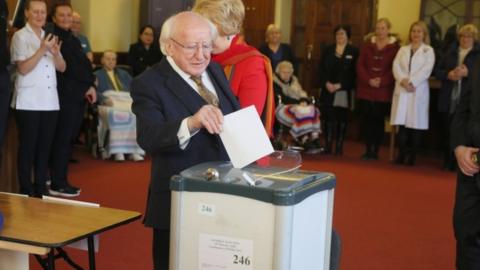 Michael D Higgins voting at St Mary's Hospital in Dublin