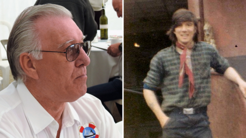 A composite of Brian Chambers as a young man and now. On the right, he has greying short hair and is wearing sunglasses and a white shirt with a life ring logo embroidered on the front. He is sitting at a table and looking to the right of frame. On the left, Chambers is standing with one hand in his pocket and the other on a banister. He has mid-length black hair and is wearing a red scarf and green-checked shirt. He is smiling at the camera.