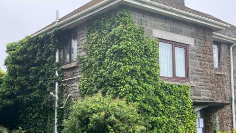 A grey brick house with large windows. It is covered in ivy. The sky is grey.