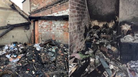 Side-by-side image of fire damage at a house in Rhyl