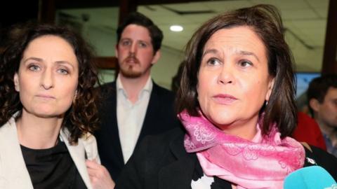 Sinn Féin leader Mary Lou McDonald (right) arriving at the count centre in the RDS in Dublin with party candidate Lynn Boylan