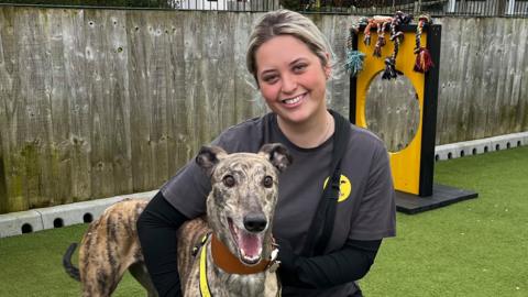 Bayleigh Wells, a woman with blonde hair who is kneeling outside next to a greyhound dog. She is wearing a grey T-shirt with a yellow Dogs Trust logo on it.