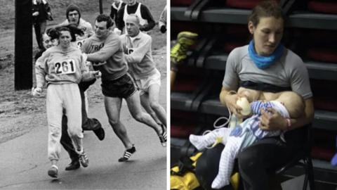 A black and white image on the left Kathrine Switzer being pushed by a crowd of men while she is trying to run.  Sophie Power in a photo on the right breastfeeding her baby.