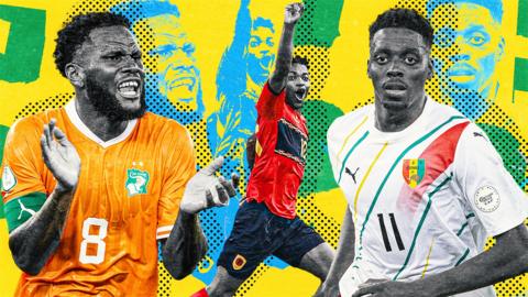 A colourful graphic featuring Franck Kessie, Gelson Dala and Mohamed Bayo