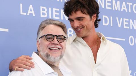 Guillermo del Toro and Jacob Elordi attend the "Frankenstein" photocall during the 82nd Venice International Film Festival on August 30, 2025 in Venice, Italy