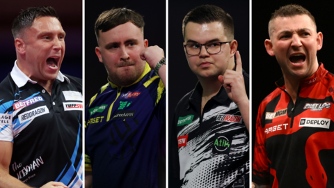 A split graphic of Gerwyn Price (left), Luke Littler (centre left), Gian van Veen (centre right) and Nathan Aspinall (right)