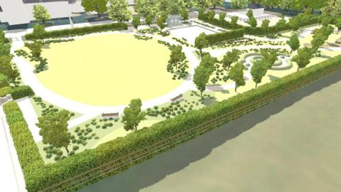 An architect's simulation showing the proposed public gardens viewed from above. A hedge runs around the rectangle-shaped area. There are trees, shrubs and benches arranged in patterns and a round circular area is totally open, perhaps designed to be a lawn. 