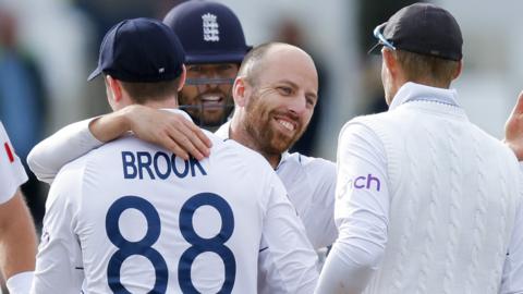 Jack Leach celebrates a wicket