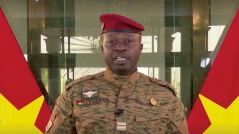 Lieutenant Colonel Paul-Henri Damiba, delivers a speech in Ouagadougou, Burkina Faso