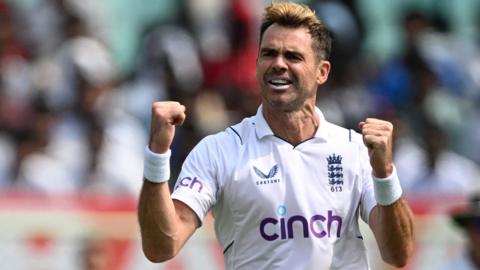 England's James Anderson celebrates taking a wicket against India in the second Test