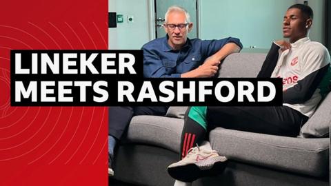 Marcus Rashford and Gary Lineker chat on a sofa