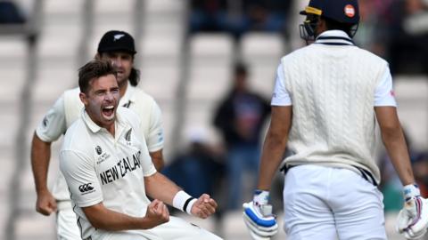 New Zealand's Tim Southee celebrates a wicket