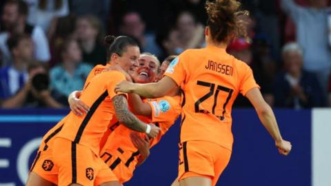 Netherlands players celebrate their equaliser