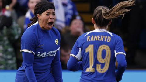 Chelsea's Mia Fishel celebrates scoring their first goal with Johanna Rytting Kaneryd