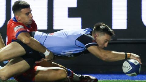 Josh Adams scores his first try against Bath