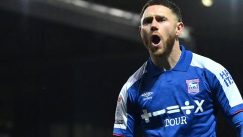 Wes Burns celebrates a goal for Ipswich