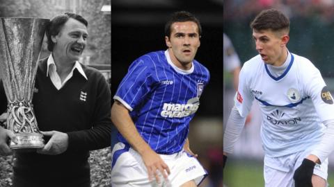 Split image of Bobby Robson with the Uefa Cup trophy in 1981, Tommy Miller as an Ipswich player and Buxton's Tommy Elliott