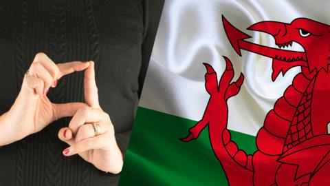 A letter D in sign language and the Welsh flag