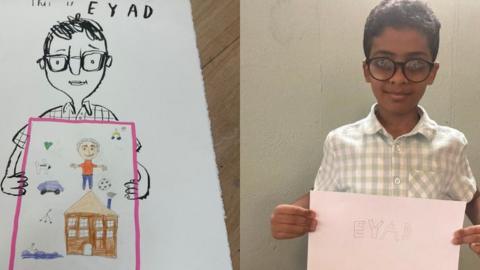 Eyad and Oliver Jeffers drawing of Eyad holding his own drawing