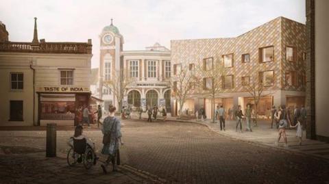 Artist's impression of what the new library in the town centre will look like. It has a chequer board pattern on its front and is surrounded by trees.