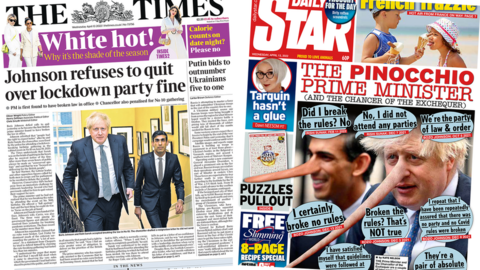 The headline in the Times reads 'Johnson refuses to quit over lockdown party fine', while the Star front page features a picture of the prime minister and chancellor with Pinocchio noses.