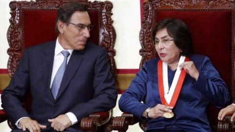 Judge Marianella Ledesma Narvaez sits next to Martin Vizcarra when she took over as president of the Constitutional Court in Lima on 3 January 2020