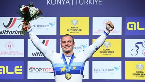 Matt Richardson celebrates winning the men's sprint European title at the 2026 European Track Cycling Championships in Turkey