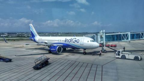 An Indigo Airline is ready for the departure at the Srinagar airport in Jammu and Kashmir.
