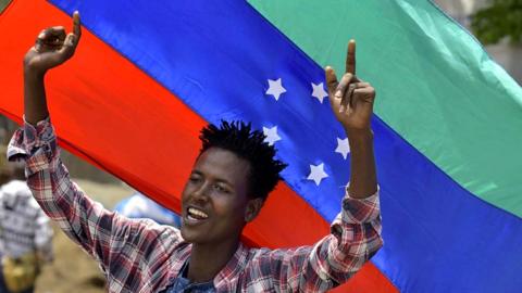 A protester waves the unofficial turquoise, blue and red Sidama flag