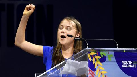 Greta Thunberg gestures during opening plenary session of the Youth4Climate pre-COP26 event on 28 September 2021 in Milan Italy