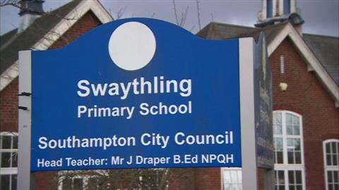 Blue entrance sign for Swaythling Primary School