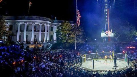 Justin Gaethje, mixed martial artist, and Ilia Topuria, mixed martial artist, during a lightweight championship bout during the UFC Freedom250 fight on the South Lawn of the White House in Washington, DC