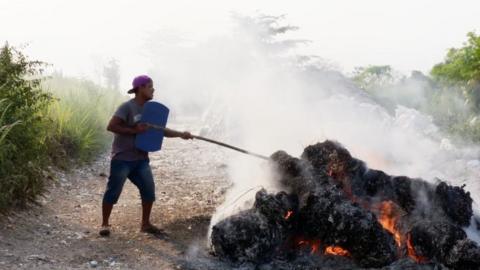 A pile of waste being burned