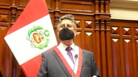 Francisco Sagasti from the Centrist Morado Party addresses Congress members after he was elected Peru"s interim president, in Lima, November 16, 2020.