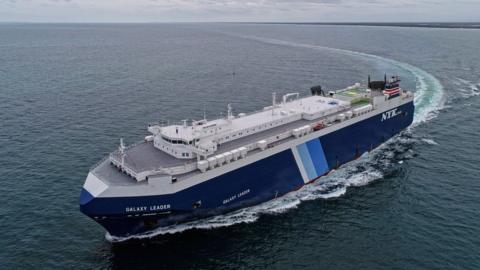 An aerial view of the Japanese-operated cargo ship Galaxy Leader