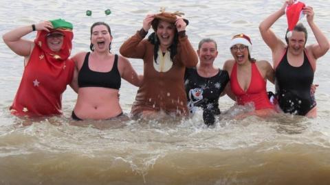 Swimmers in the sea at Felixstowe