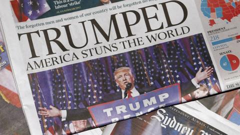 Newspapers front pages featuring Donald Trump