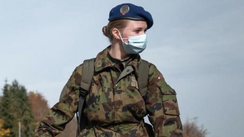 Swiss army reservists wearing protective face masks, 8 November 2020