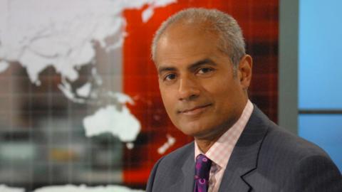 Presenter and newsreader George Alagiah in the BBC World News studio, 01/07/2008